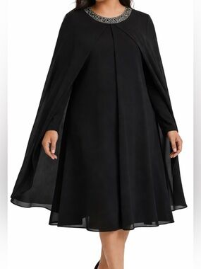 Jones New York Dress Size 12 Black Cape Swing Dress Shoulder Pads Beaded Neck